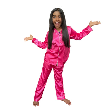 boomshuga satin pajamas for kids in rose pink / hot pink / fushcia